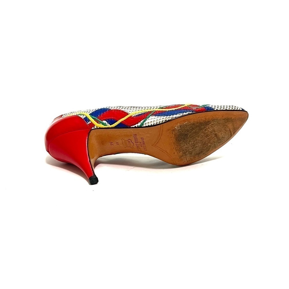 Vintage 1980s white leather illusion netting primary color stripe appliqué heels - Picture 7 of 8